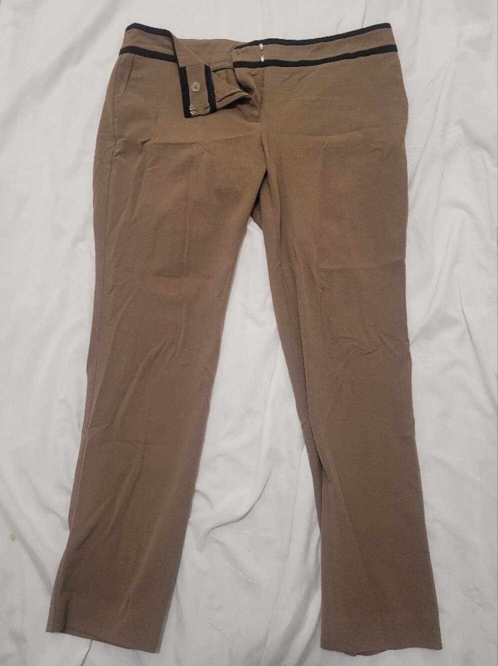 Ann Taylor Khaki Straight-Leg Chinos with Black Waist Trim